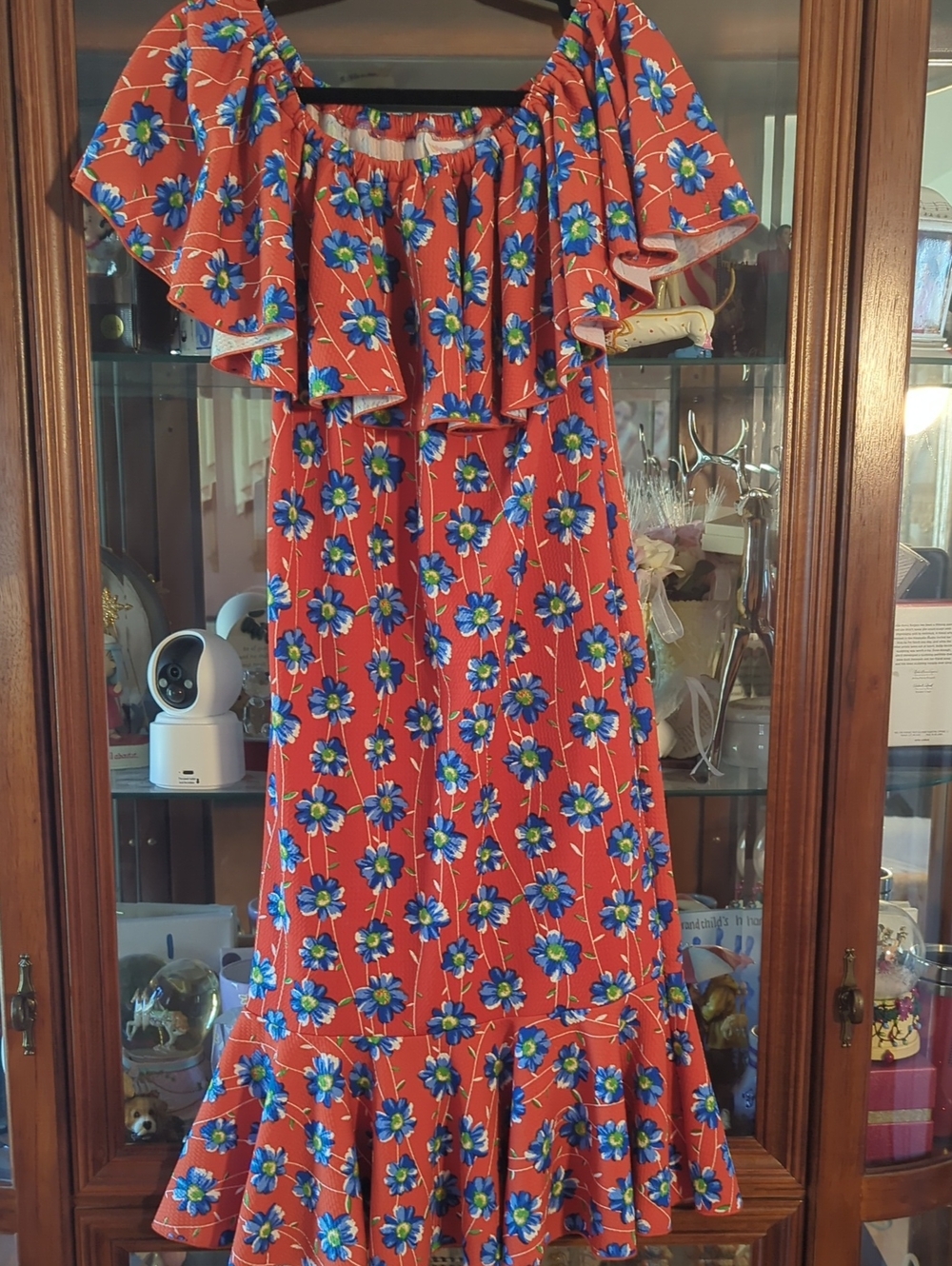 LuLaRoe Orange Dress with Blue Floral Print and Ruffle Hem